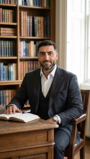 Dr. Daniel Sahebi, founder of Solomon Academic Consulting, seated at a wooden desk in an academic study.